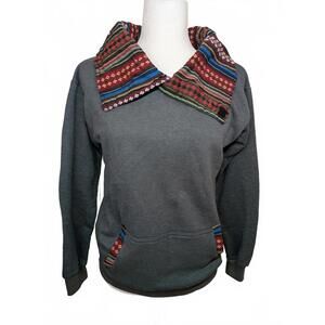 Women's Gray Colorful Patterned Collar & Pocket Accents Cowl Neck Sweatshirt